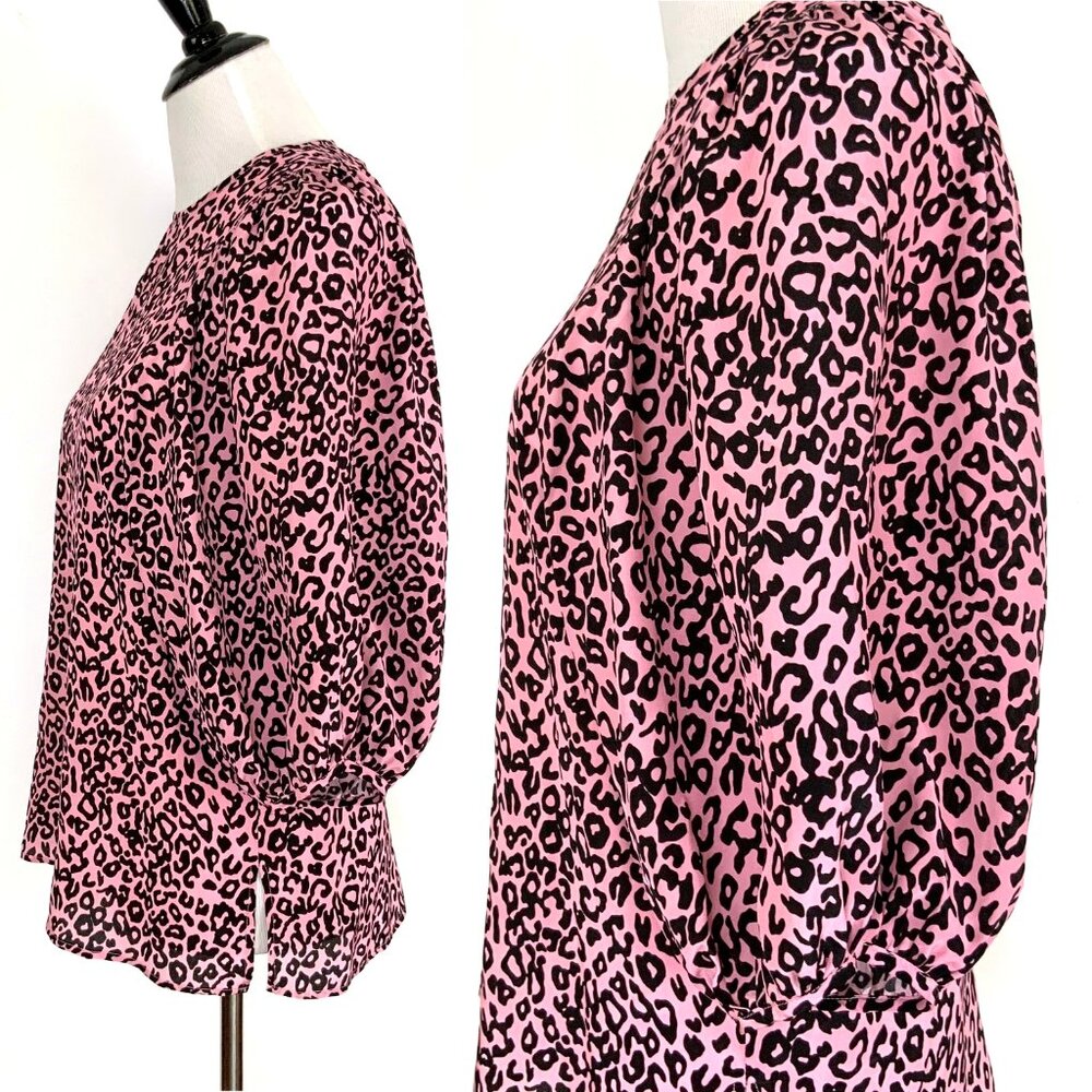 New Les Reveries Silk Balloon Sleeve Animal Leopard Print Blouse Pink Size 4 - Picture 10 of 16
